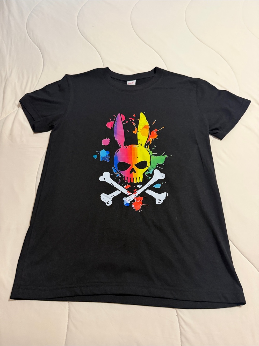 Halo Black Short-Sleeve Tee with Rainbow Skull Bunny Graphic
